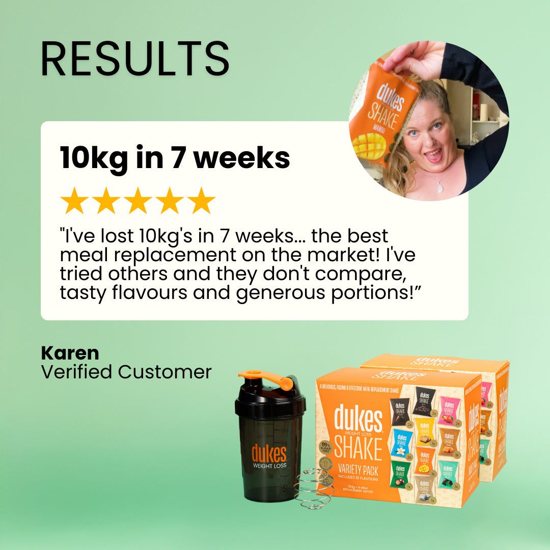 Customer testimonial: "I've lost 10kg's in 7 weeks… the best meal replacement on the market! I've tried others and they don't compare, tasty flavours and generous portions" Karen, verified customer