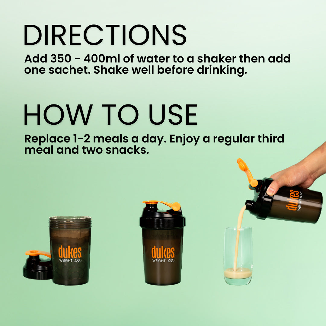 Directions: add 350-400ml of water to a shaker then add one sachet. Shake well before drinking. How to use: replace 1-2 meals a day. Enjoy a regular third meal and two snacks.