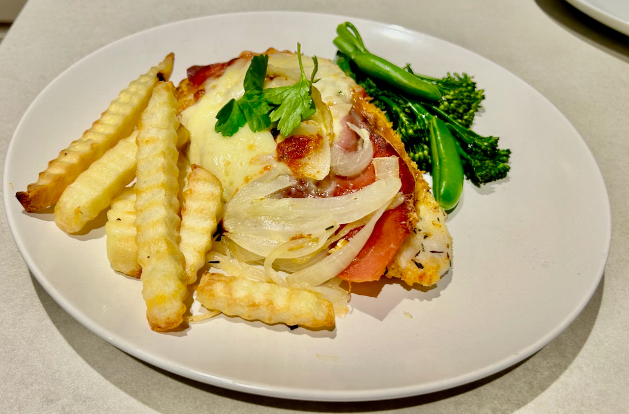 Healthy Chicken Parmigiana with chips