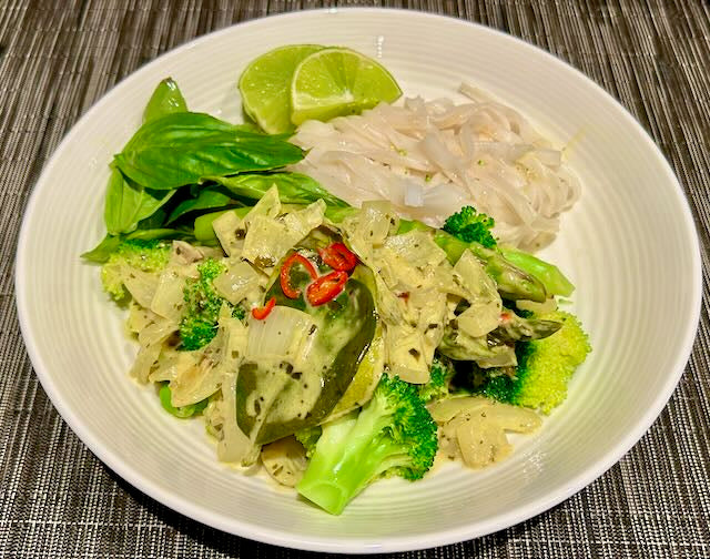 Bowl of Green Curry Vegetable Rice Noodles
