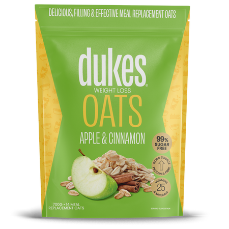 A 700g bag of Dukes Weight Loss Oats Apple & Cinnamon Flavour