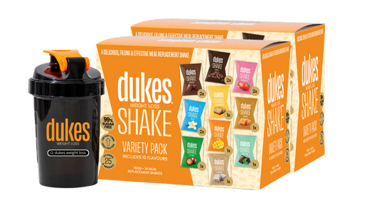 2 boxes of Dukes Weight Loss Starter Packs next to a branded plastic shaker. 