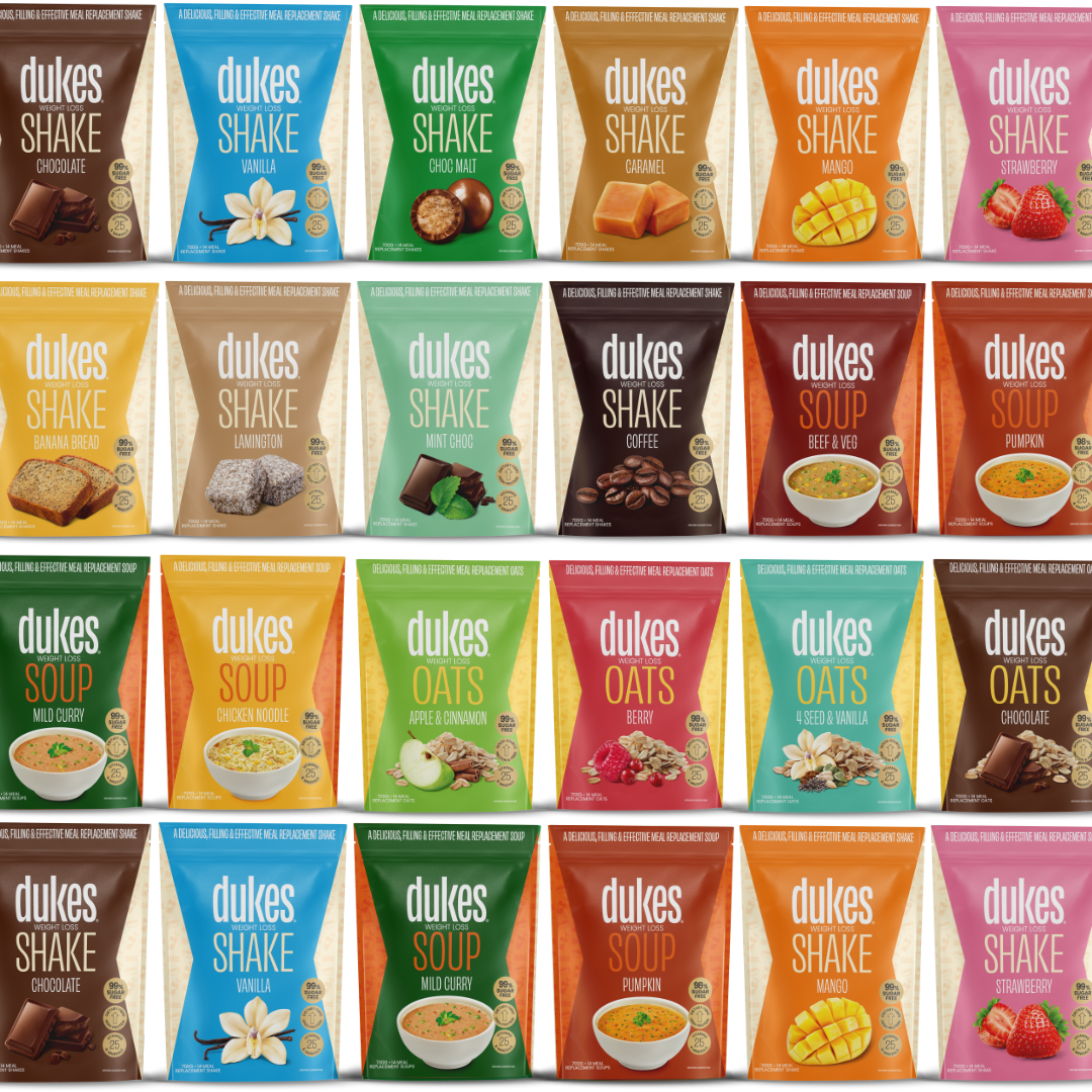 A repeating wallpaper showing the 18 flavours of the Dukes Weight Loss range, including Shakes, Soups and Oats