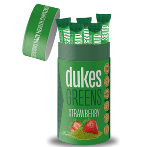 A cylinder containerof Dukes Greens Strawberry flavour. 
