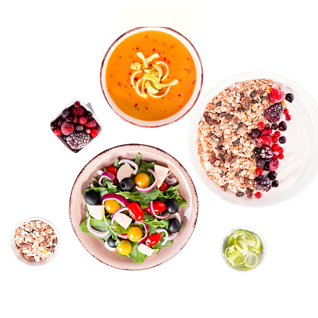 six bowls of ingredients including salad, muesli, soup berries