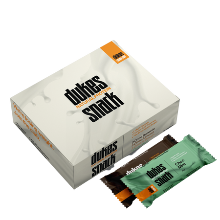 A box of Dukes Natural Protein Snacks