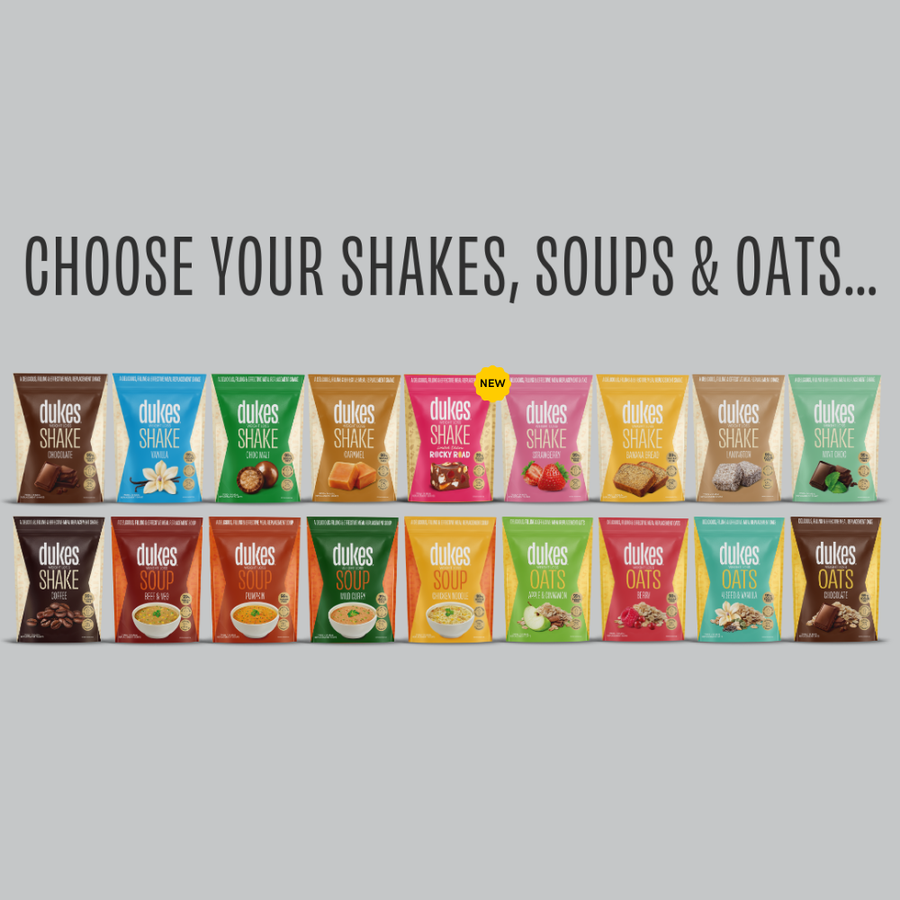 Choose your shakes, soups and oats in text above eighteen different shakes, soups and oat flavours
