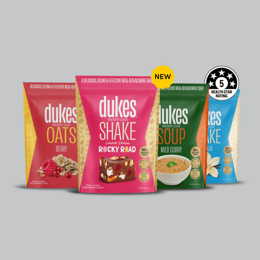 4 Bags of Dukes Weight Loss 700g bags including Shakes, Soups and Oats with 5 star health rating overlayed on one bag.