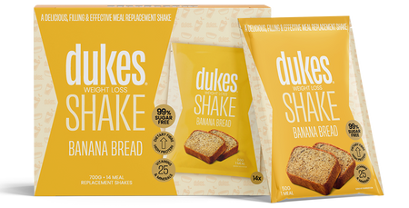 A 14 sachets box of Dukes Weight Loss Shakes Banana Bread Flavour