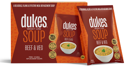 A 14 sachets box of Dukes Weight Loss Soup Beef & Vegetable Flavour