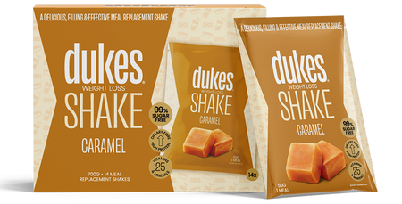 A 14 sachets box of Dukes Weight Loss Shakes Caramel Flavour