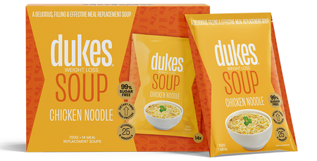 A 14 sachets box of Dukes Weight Loss Soup Chicken Noodle Flavour