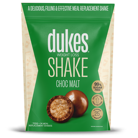 A 700g bag of Dukes Weight Loss Shake Choc Malt