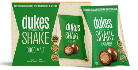 A 14 sachets box of Dukes Weight Loss Shakes Choc Malt Flavour