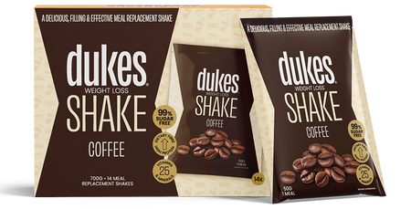 A 14 sachets box of Dukes Weight Loss Shakes Coffee Flavour