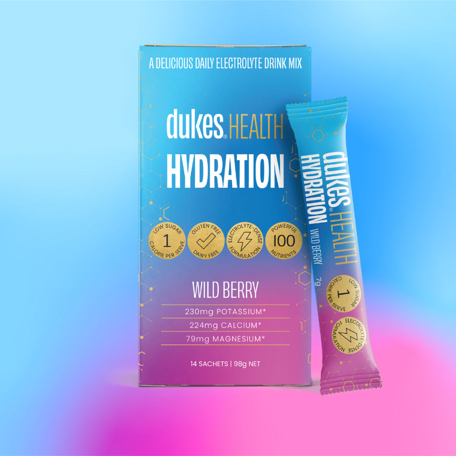 14 Sachet Box of Dukes Health Hydration Wild Berry Flavour. 