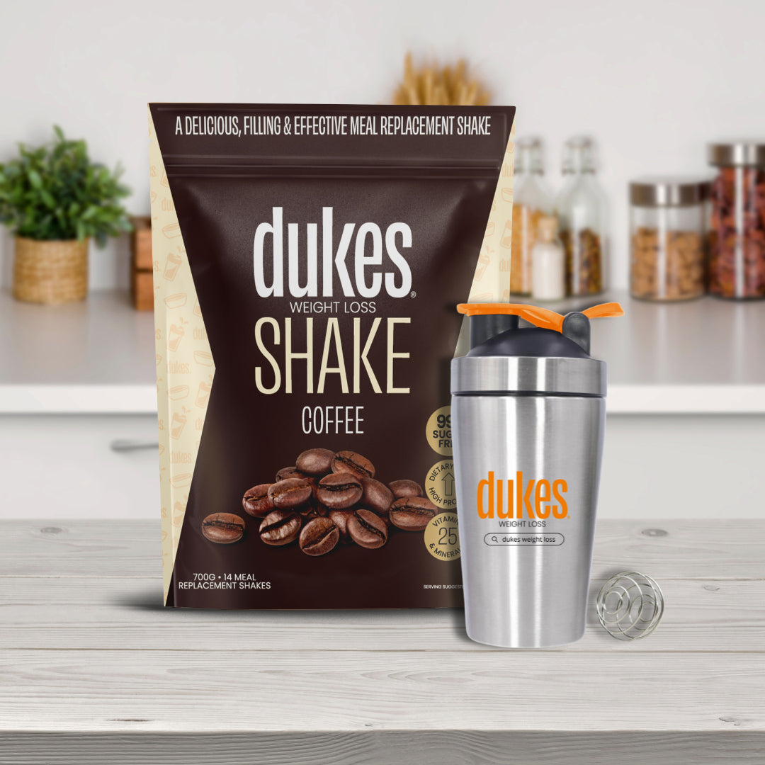 Metal Shaker with 700g bag of Dukes Meal Replacement Coffee Shake