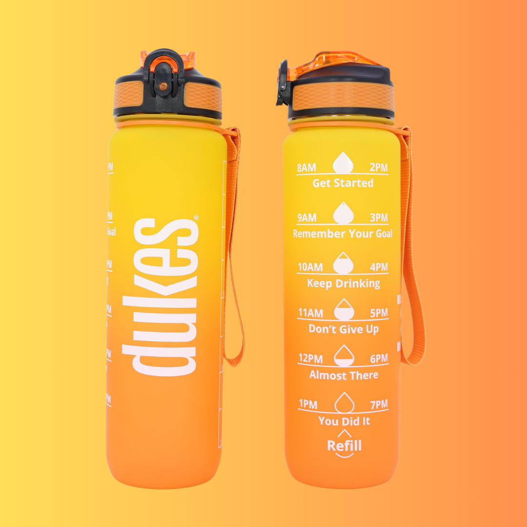 2 Dukes Motivational Bottles next to each other showing the branding on the on the left and the suggested drinking rate with motivational messages on the right. 