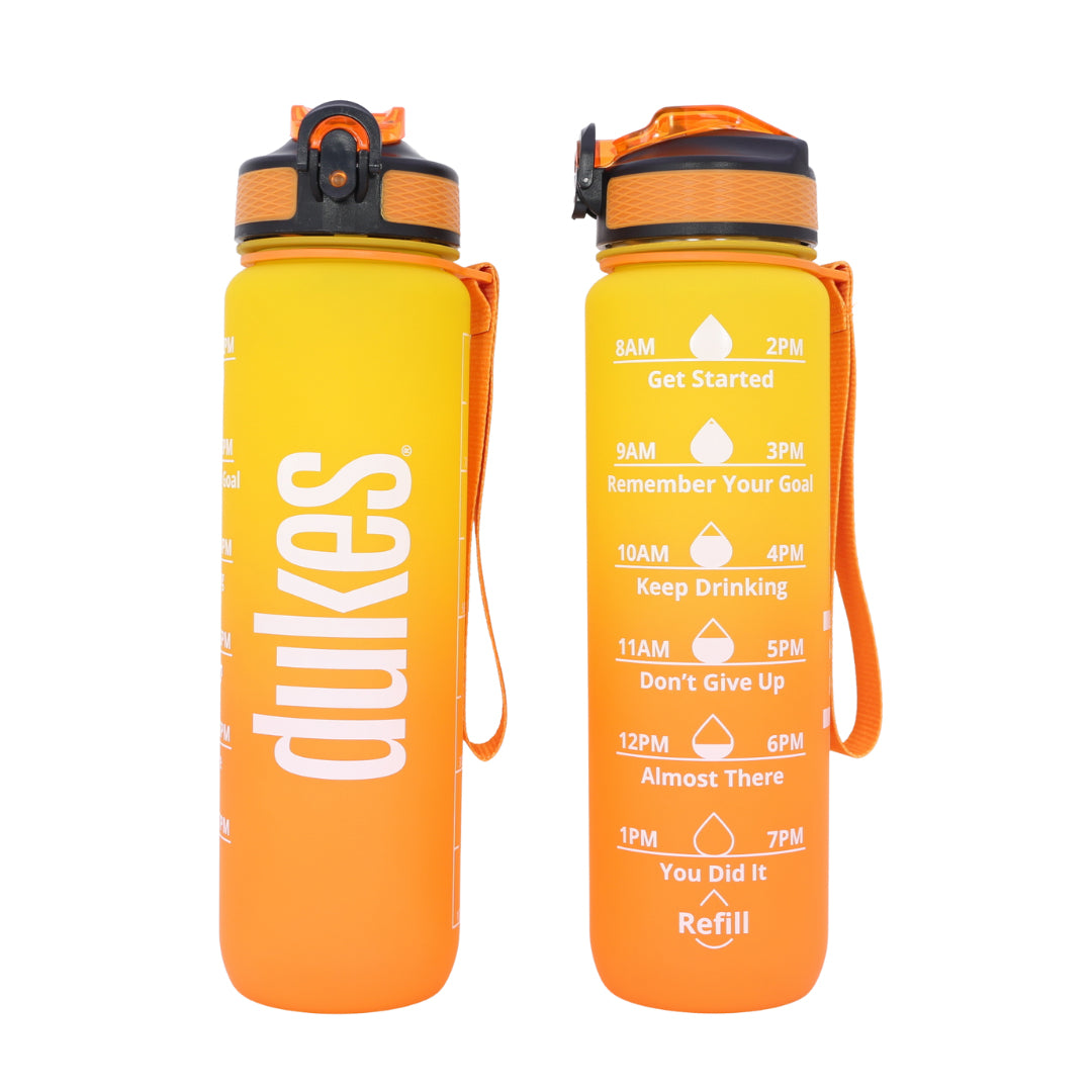 2 Dukes Motivational Bottles next to each other showing the branding on the on the left and the suggested drinking rate with motivational messages on the right with a white background