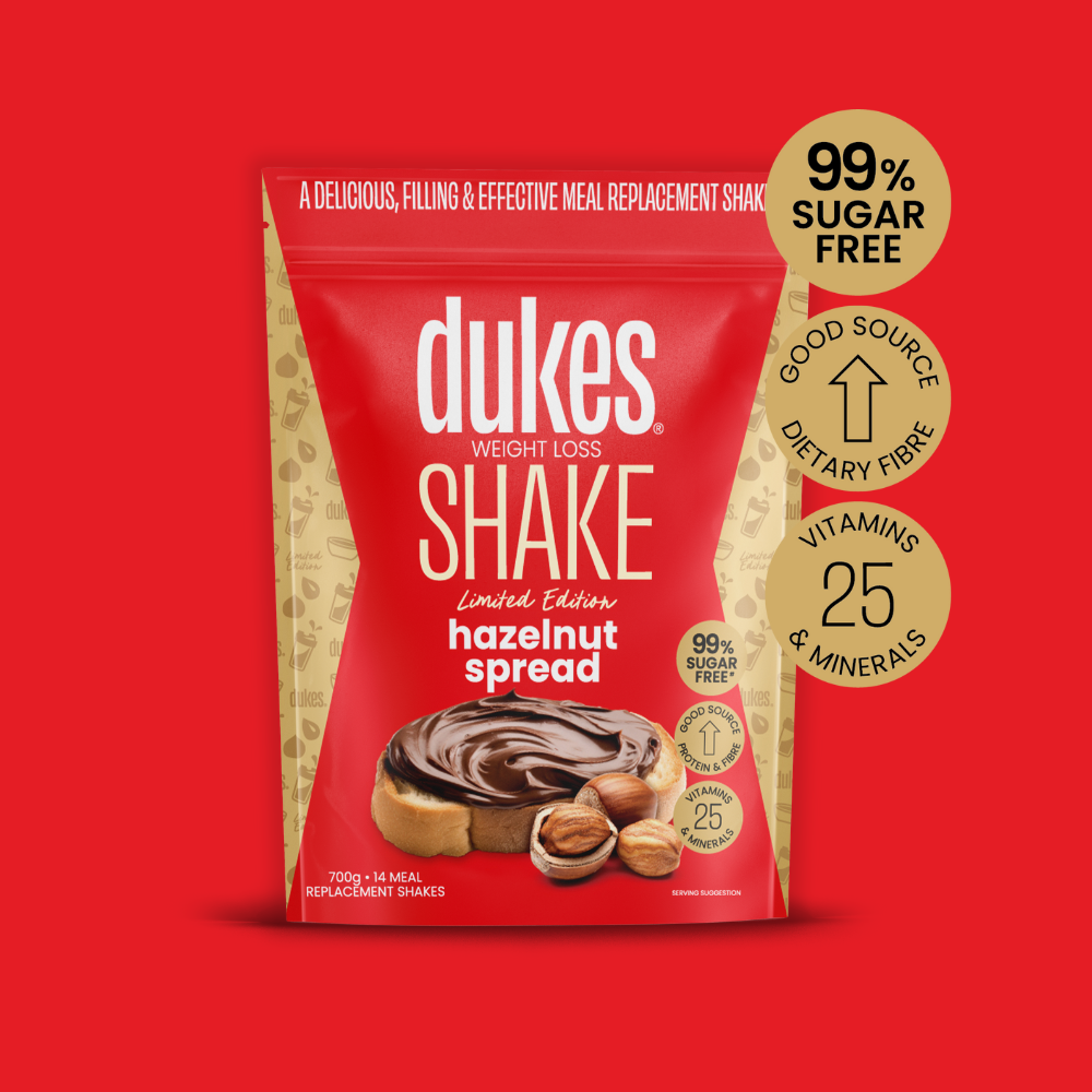 A 700g Bag of Dukes Weight Loss Shake Flavour Hazelnut Spread, with highlights of the product being 99% sugar free, a good source of dietary fibre and containing 25 vitamins and minerals