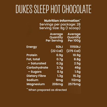 Dukes Sleep Hot Chocolate Nutritional Panel