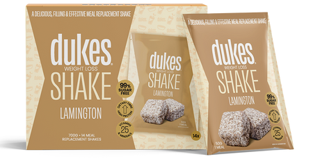 A 14 sachets box of Dukes Weight Loss Shakes Lamington Flavour