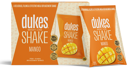 A 14 sachets box of Dukes Weight Loss Shakes Mango Flavour