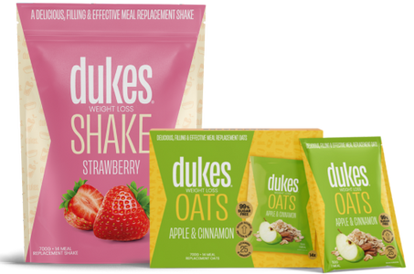 A bag of Dukes Weight Loss Strawberry shake next to a box of Oats Apple & Cinnamon flavour. 