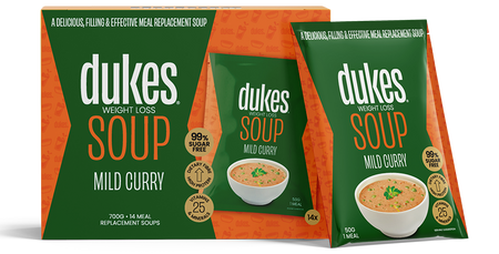 A 14 sachets box of Dukes Weight Loss Soup Mild Curry Flavour