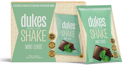 A 14 sachets box of Dukes Weight Loss Shakes Mint Choc Flavour