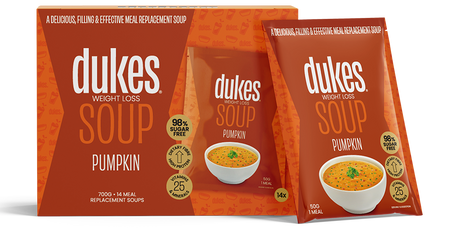 A 14 sachets box of Dukes Weight Loss Soup Pumpkin Flavour