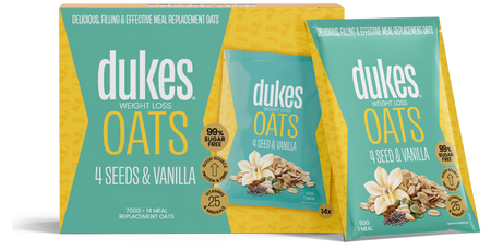 A 14 sachets box of Dukes Weight Loss Oats 4 Seed and Vanilla Flavour