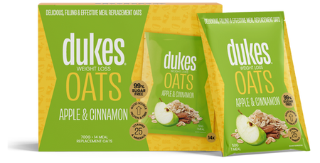 A 14 sachets box of Dukes Weight Loss Oats Apple & Cinnamon Flavour