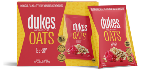 A 14 sachets box of Dukes Weight Loss Oats Berry Flavour