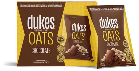 A 14 sachets box of Dukes Weight Loss Oats Chocolate Flavour