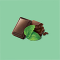 A small pile of chocolate squares lying next to mint leaves with a light green background.