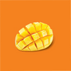 A piece of mango that has been sliced into squares and turned inside out with a orange background