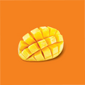A piece of mango that has been sliced into squares and turned inside out with a orange background