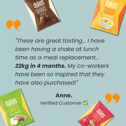 Customer Testimonial: "These are great tasting… I have been having a shake at lunch time as a meal replacement… 22kg in 4 months. My co-workers have been so inspired that they have also purchased!" Anne, verified customer. 