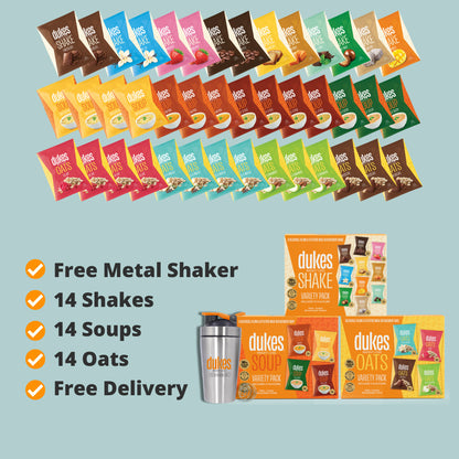 Free metal shaker, 14 shakes , 14 soups, 14 oats, free delivery. 