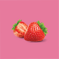 2 strawberries lying next to each other with one cut open in front of a pink background 