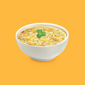 A bowl of chicken and noodle soup on a yellow background 