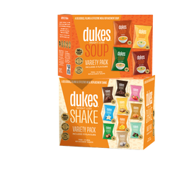 A box of Dukes Weight Loss Variety Soup on top of a box of variety soups. 