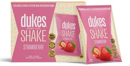 A 14 sachets box of Dukes Weight Loss Shakes Strawberry Flavour